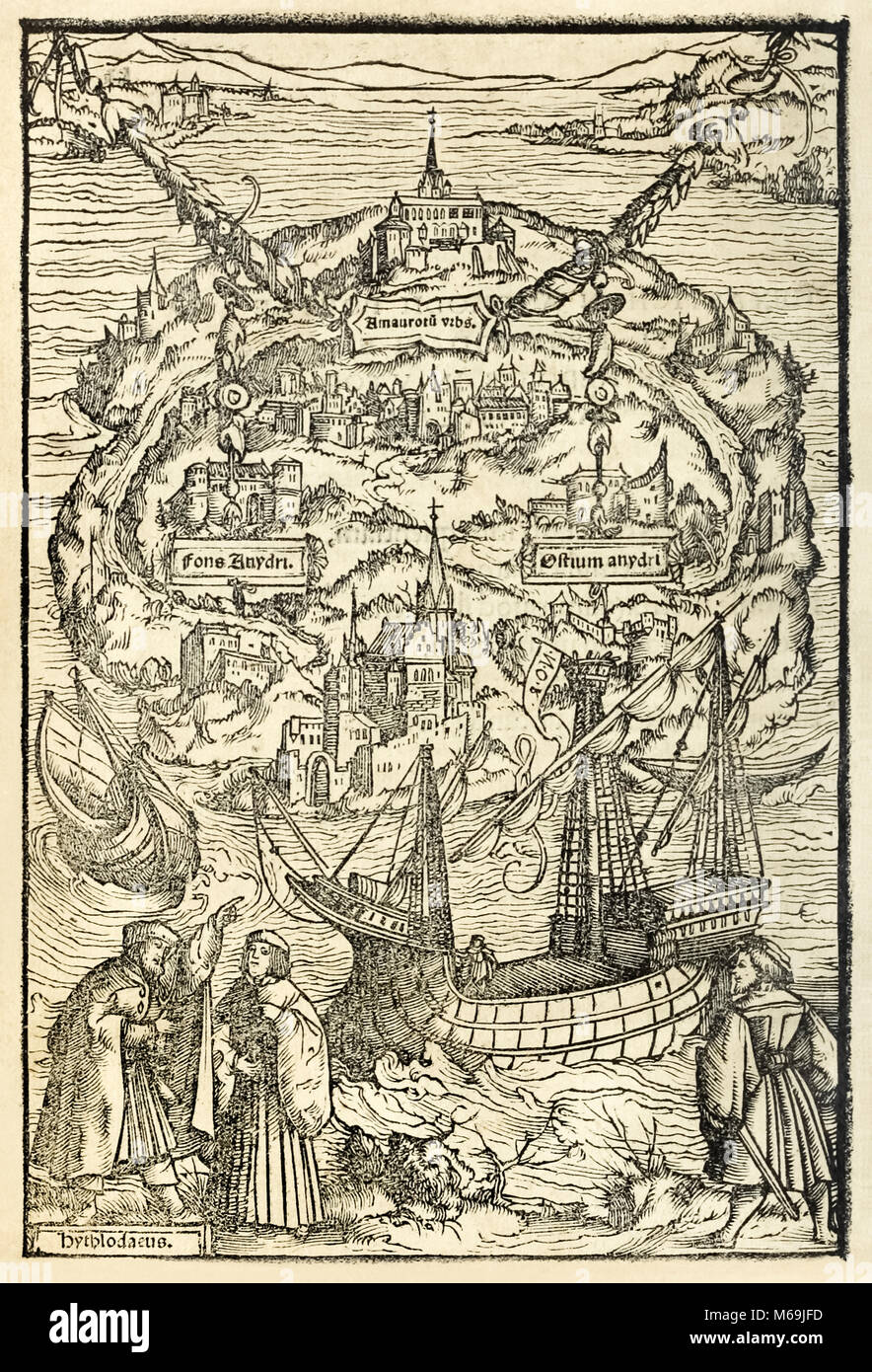 Map of the New Island of Utopia from a 1518 edition of ‘Utopia’ by Sir Thomas More (1478–1535), first published in 1516. Woodcut by Ambrosius Holbein (c. 1494-c. 1519) showing the island with protagonist  Raphael Hythloday bottom left describing the ideal society found on the island. See more information below. Stock Photo