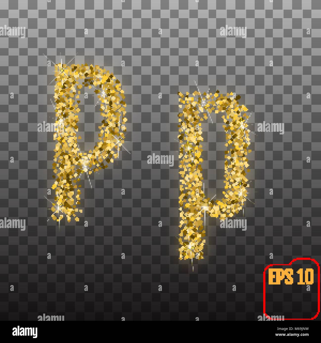 Vector Alphabet. Gold letter P on transparent background. Gold alphabet