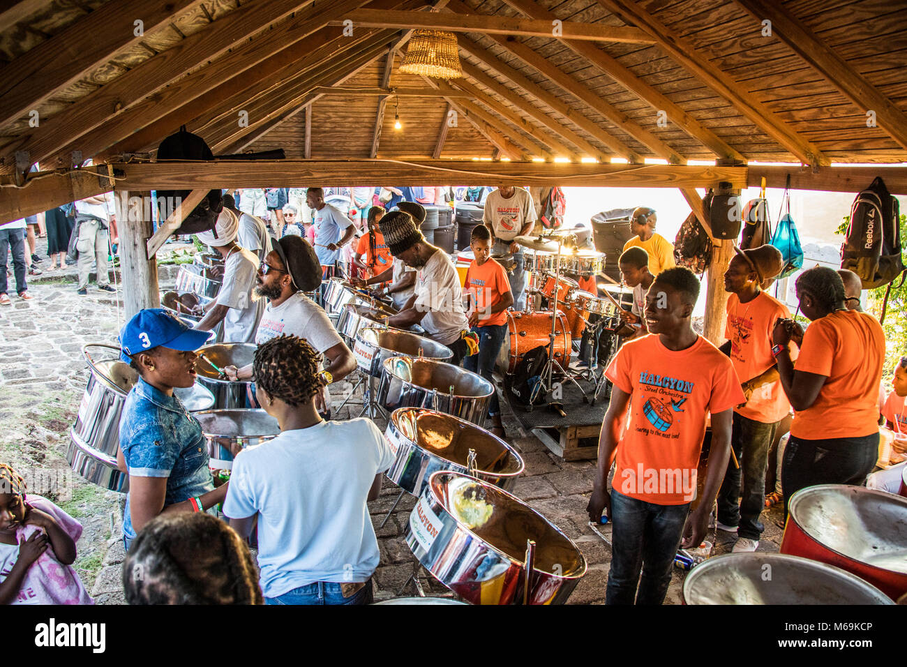 Steelpan drums at Shirley Heights Sunday BBQ, Antigua Stock Photo