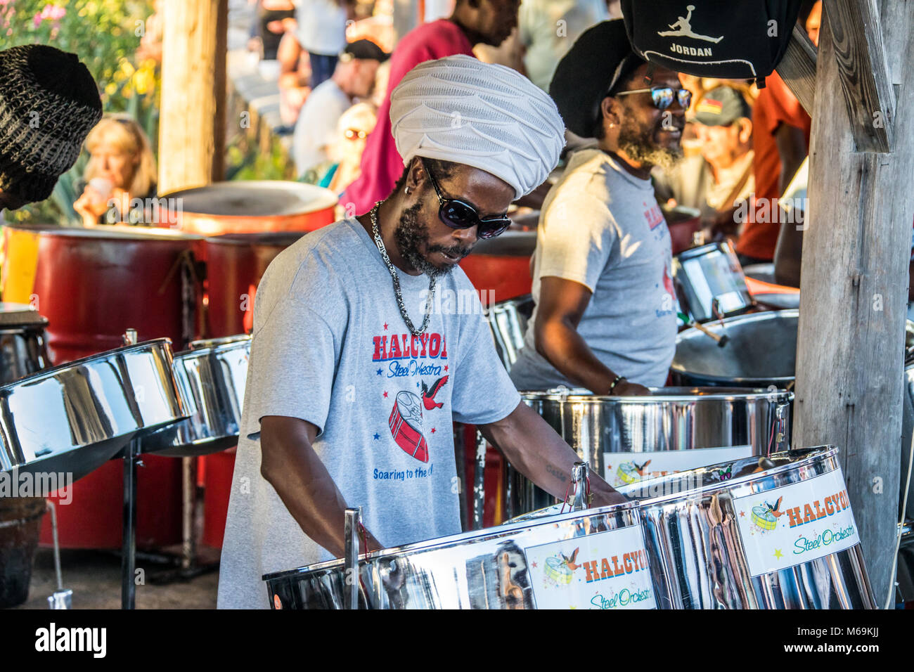 Steelpan drums at Shirley Heights Sunday BBQ, Antigua Stock Photo