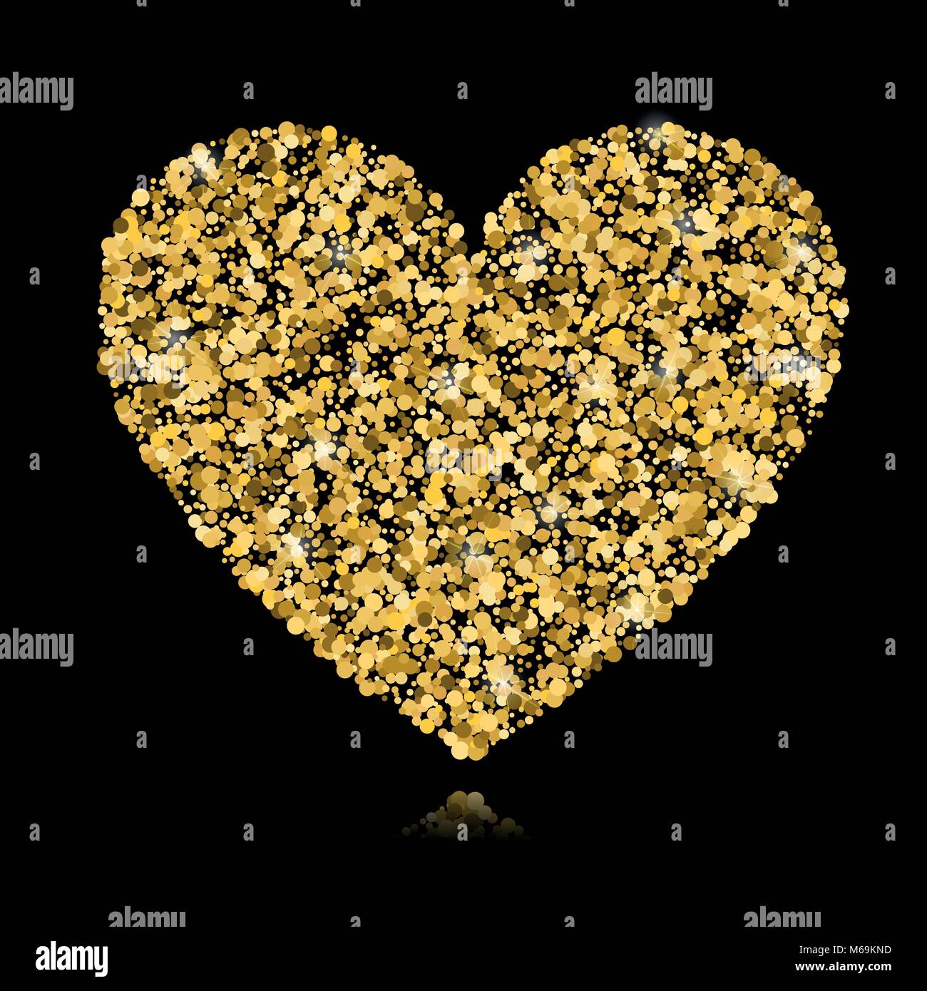 Abstract vector background with gold circles and a shape of a heart. Gold sparkles isolated on black background. Design for wedding card, valentine ca Stock Vector