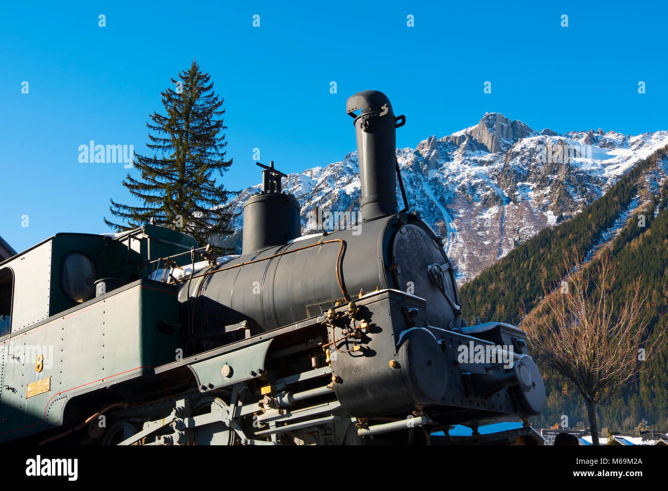 Steam Engine From Cog Rail Line On Display. Train Station Chamonix