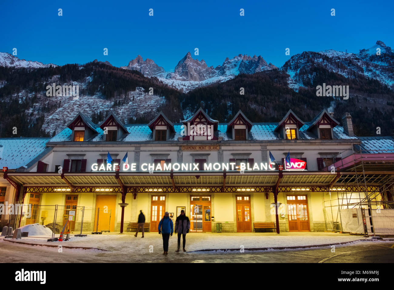 Train station at dusk. Chamonix Mont Blanc, Auvergne-Rhône-Alpes, department of Upper Savoy. France Europe Stock Photo