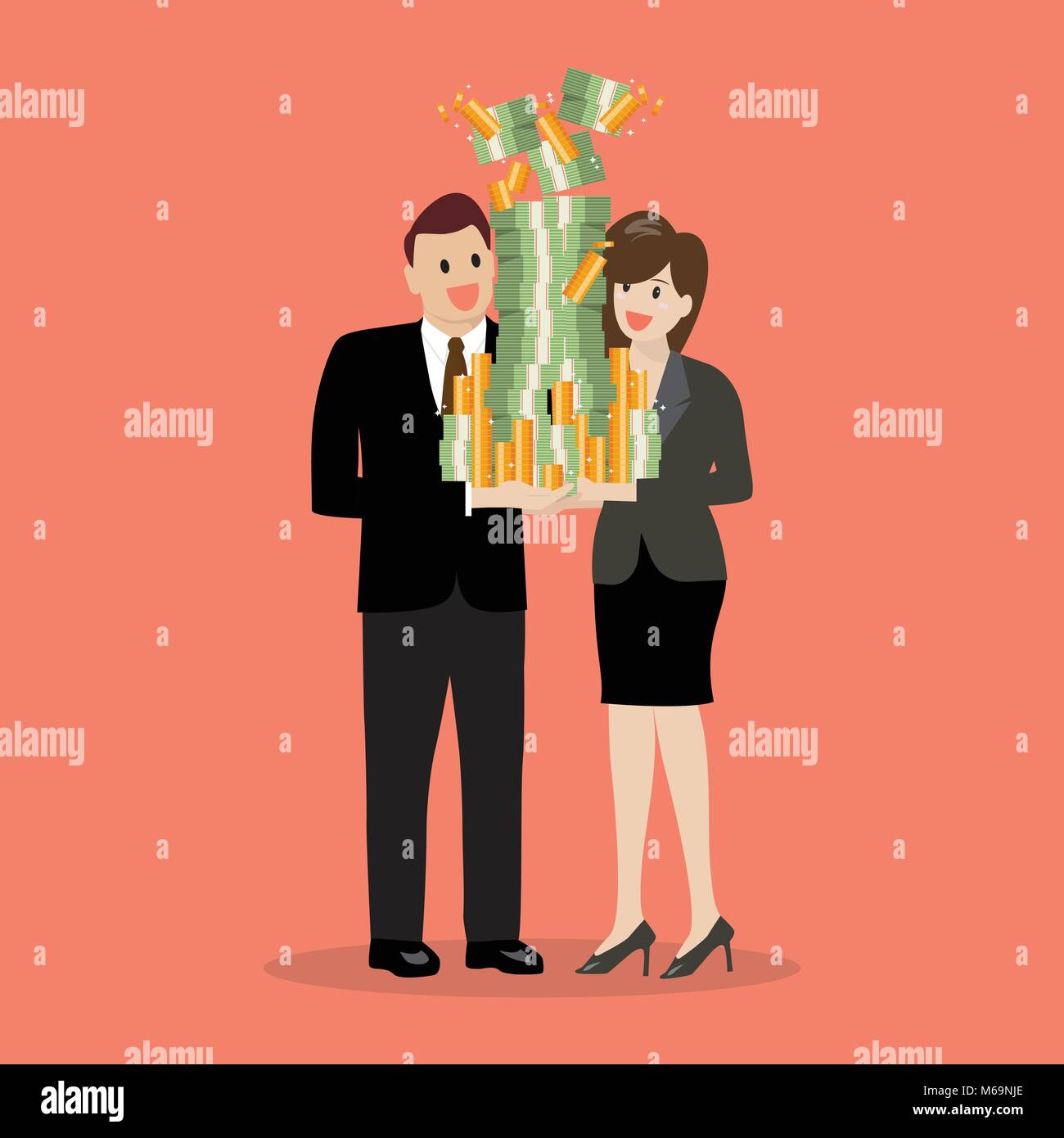 Businessman and woman holding a lot of money. Vector illustration Stock Vector