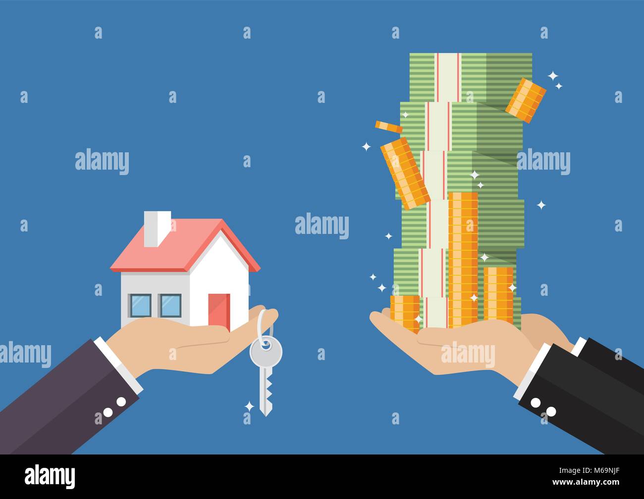 Hand gives home and key to other hand with money cash. rental or lease a car Stock Vector