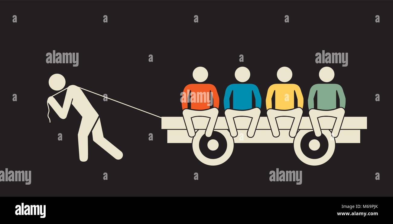 unfair workload: one person carrying a wagon full of  idling people Stock Vector