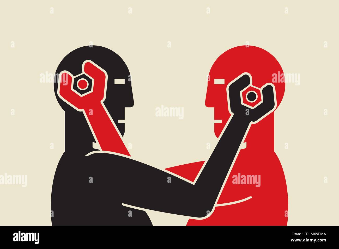 two android robots trying to fix each others mind in clinch Stock Vector