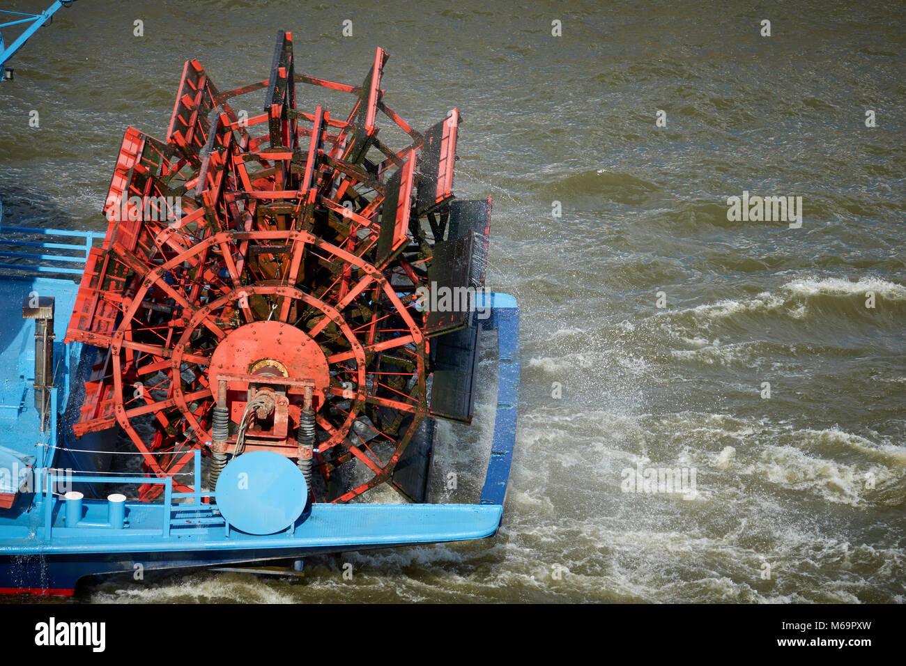 Red paddle wheel on streamship. Stock Photo