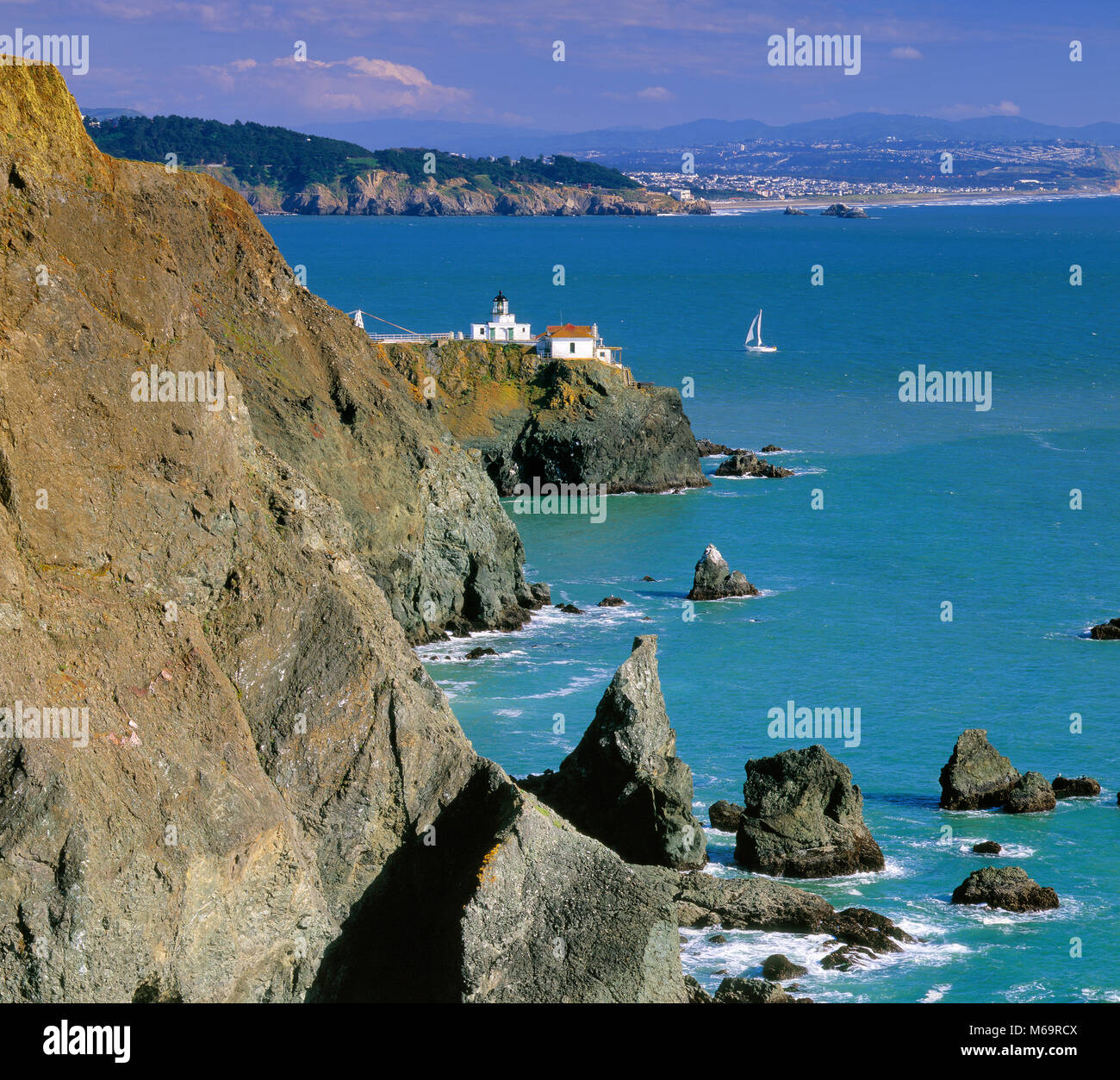 Sailboat, Point Bonita Lighthouse, Golden Gate National Recreation Area, Marin County, California Stock Photo