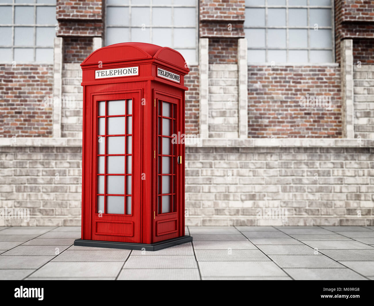 Red British phone booth in the street. 3D illustration. Stock Photo