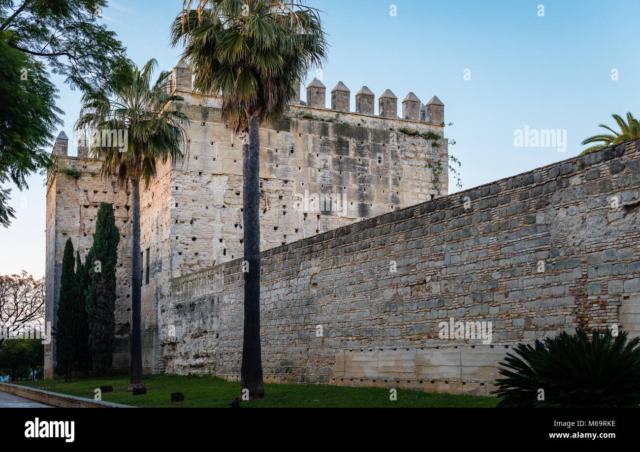Part of the walls of the Alcazar of Jerez de la Frontera, a former Moorish alcázar, now housing a park, in Jerez de la Frontera, Andalusia, Spain. Stock Photo