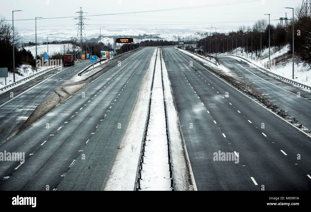 The empty M62 motorway near junction 24 after the road was closed between junctions 21 and 24 as extreme weather continued to wreak havoc. Stock Photo