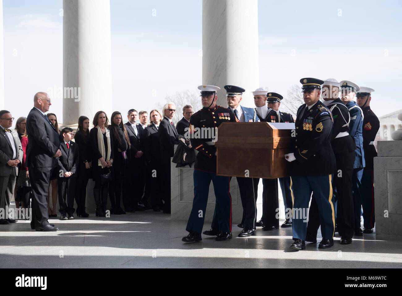 The casket of Reverend Billy Graham arrives at the US Capitol in Washington, DC, February 28, 2018, prior to a Lying in Honor ceremony in the Capitol Rotunda. Credit: Saul Loeb/Pool via CNP - NO WIRE SERVICE · Photo: Saul Loeb/Consolidated News Photos/Saul Loeb - Pool via CNP Stock Photo