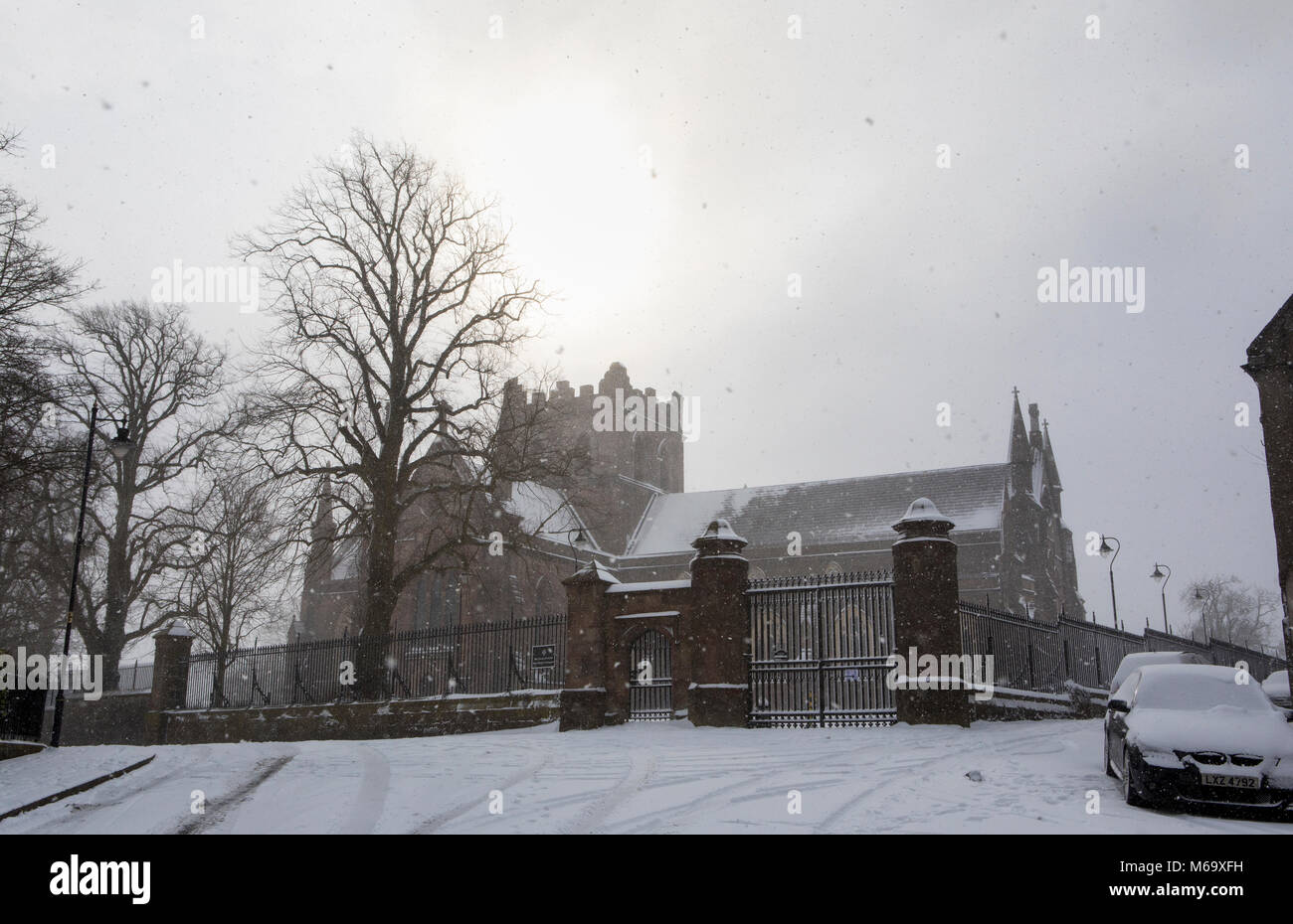 Armagh, Northern Ireland. 1st Mar, 2018. Armagh City's St. Patrick's Cathedral in snow, March 1st 2018. Credit: Darren McLoughlin/Alamy Live News Stock Photo