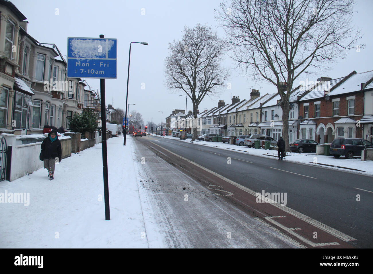 London, UK. 1st Mar, 2018. Romford Road partly covered with snow after