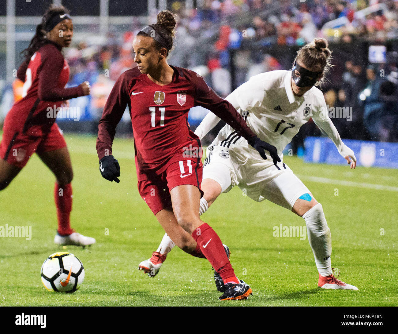 Columbus, Ohio, USA. March 1, 2018: USA forward Mallory Pugh (11) fights for the ball against Germany defender Verena Faisst (17)during their match at the SheBelieves Cup in Columbus, Ohio, USA. Brent Clark/Alamy Live  News Stock Photo
