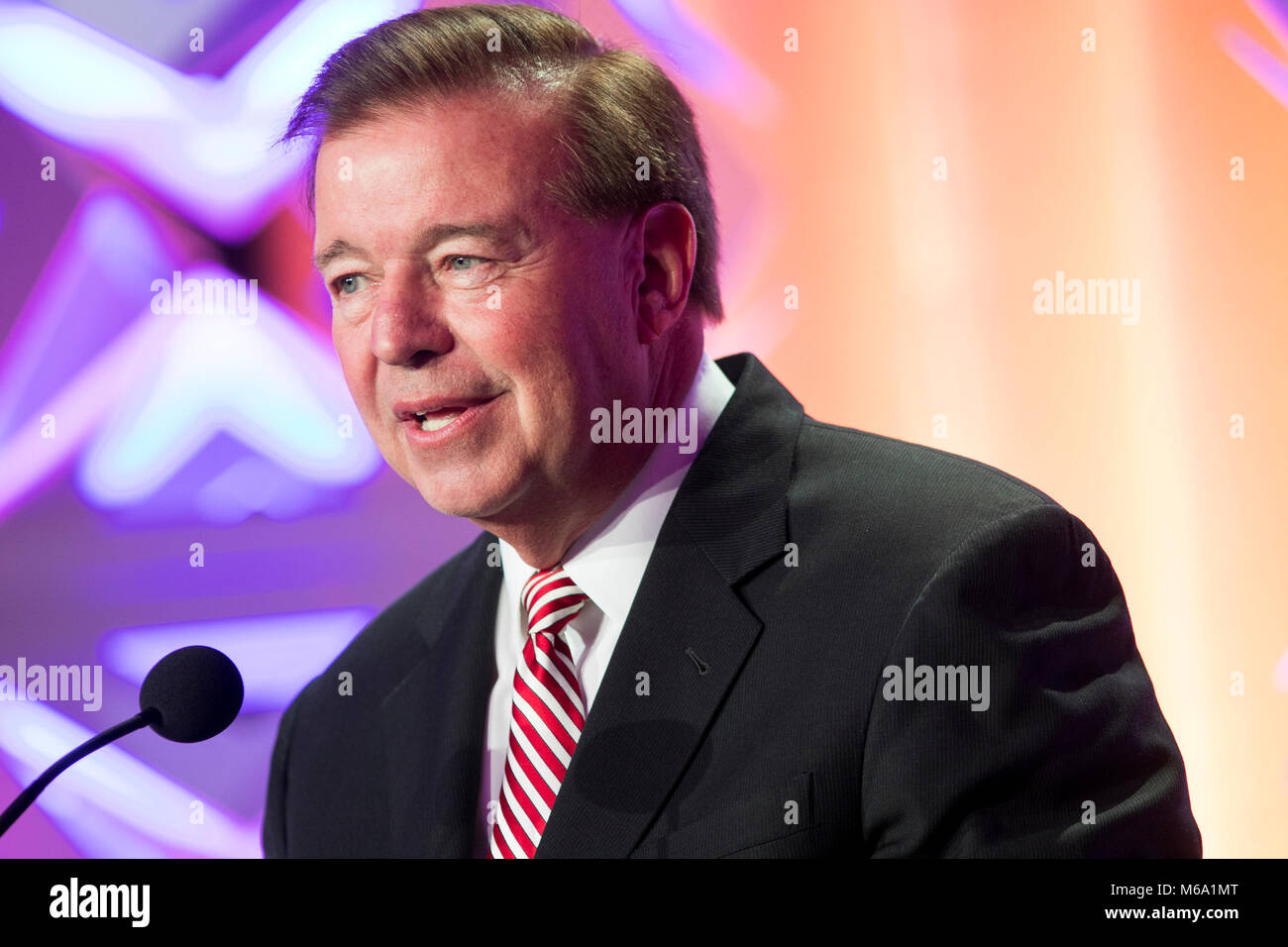 Washington, USA. 1st Mar, 2018. David J. Bronczek, President and Chief Operating Officer, FedEx Corporation, speaks at the U.S. Chamber of Commerce 17th Annual Aviation Summit in Washington, D.C. on March 1, 2018. Credit: Kristoffer Tripplaar/Alamy Live News Stock Photo