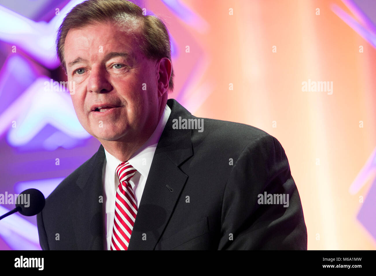 Washington, USA. 1st Mar, 2018. David J. Bronczek, President and Chief Operating Officer, FedEx Corporation, speaks at the U.S. Chamber of Commerce 17th Annual Aviation Summit in Washington, D.C. on March 1, 2018. Credit: Kristoffer Tripplaar/Alamy Live News Stock Photo