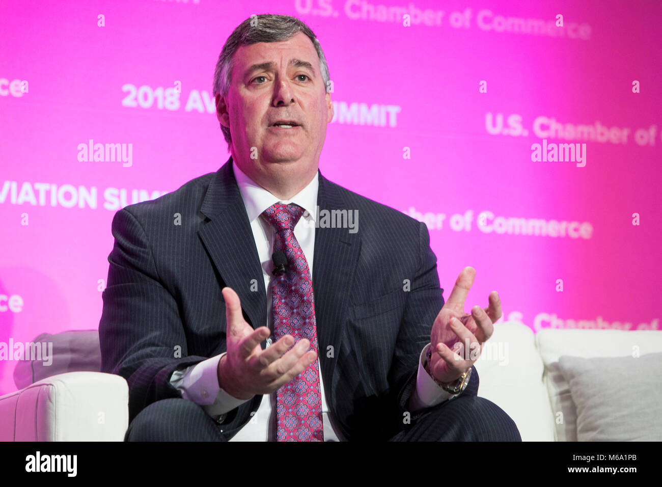 Washington, USA. 1st Mar, 2018. Kevin McAllister, President and Chief Executive Officer, Boeing Commercial Airplanes, speaks at the U.S. Chamber of Commerce 17th Annual Aviation Summit in Washington, D.C. on March 1, 2018. Credit: Kristoffer Tripplaar/Alamy Live News Stock Photo