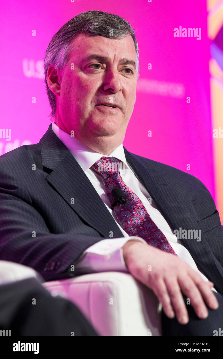 Washington, USA. 1st Mar, 2018. Kevin McAllister, President and Chief Executive Officer, Boeing Commercial Airplanes, speaks at the U.S. Chamber of Commerce 17th Annual Aviation Summit in Washington, D.C. on March 1, 2018. Credit: Kristoffer Tripplaar/Alamy Live News Stock Photo