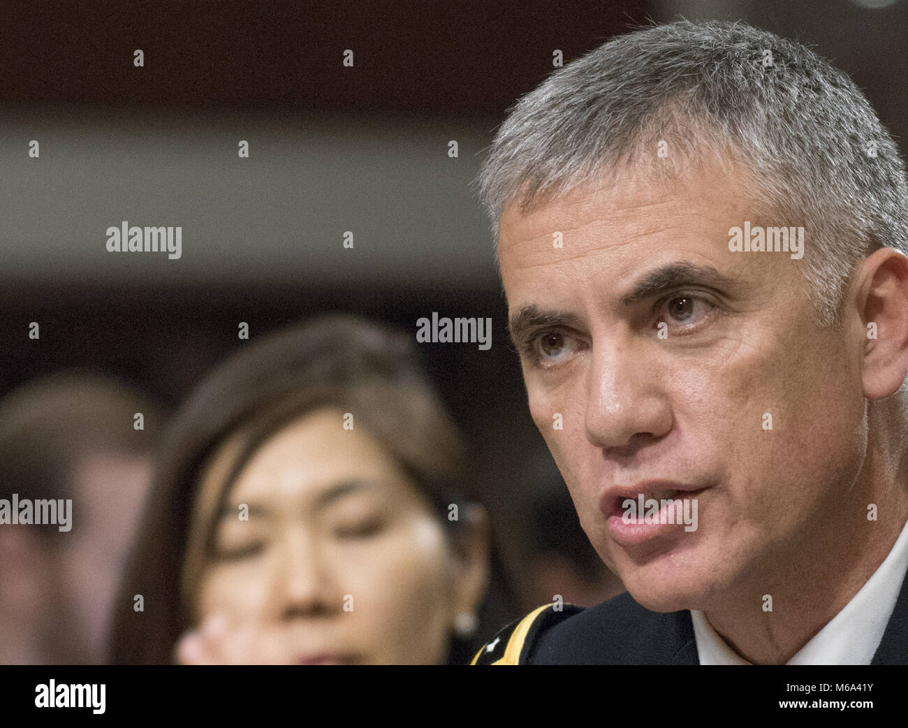 Washington, District of Columbia, USA. 1st Mar, 2018. Lieutenant General Paul M. Nakasone, United States Army, testifies before the US Senate Committee on Armed Services on his nomination to be General And Director, National Security Agency/Chief, Central Security Service/Commander, United States Cyber Command on Capitol Hill in Washington, DC on Thursday, March 1, 2018. If confirmed, Nakasone will replace US Navy Admiral Mike Rogers, who will be retiring.Credit: Ron Sachs/CNP Credit: Ron Sachs/CNP/ZUMA Wire/Alamy Live News Stock Photo