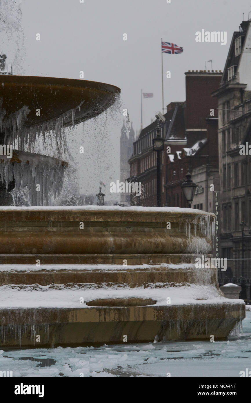 Trafalgar Square, London. 1st Mar, 2018. UK Weather: The famous fountains in London's Trafalgar Square now have icicles thanks to the "Beast from the East" Credit: Edward Webb/Alamy Live News Stock Photo