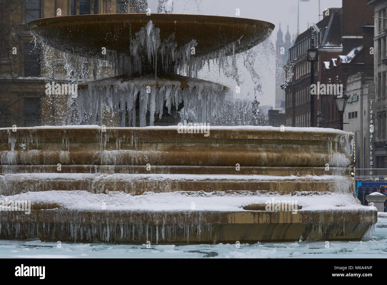 Trafalgar Square, London. 1st Mar, 2018. UK Weather: The famous fountains in London's Trafalgar Square now have icicles thanks to the 'Beast from the East' Credit: Edward Webb/Alamy Live News Stock Photo
