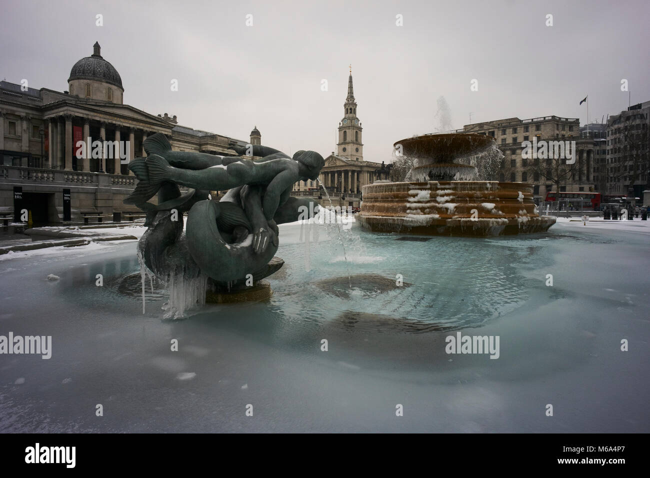 Trafalgar Square, London. 1st Mar, 2018. UK Weather: The famous fountains in London's Trafalgar Square now have icicles thanks to the "Beast from the East" Credit: Edward Webb/Alamy Live News Stock Photo