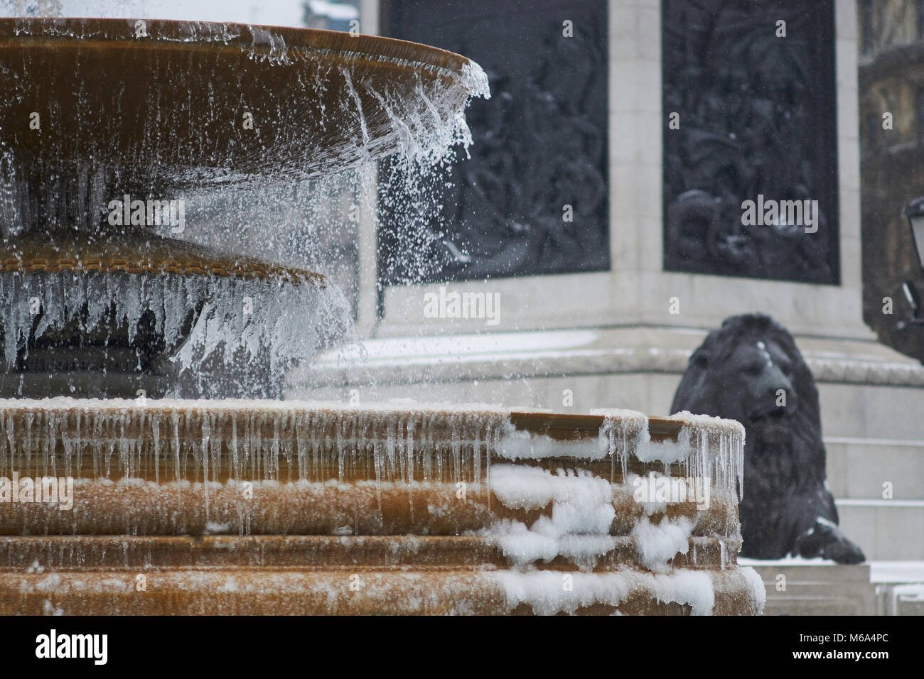 Trafalgar Square, London. 1st Mar, 2018. UK Weather: The famous fountains in London's Trafalgar Square now have icicles thanks to the "Beast from the East" Credit: Edward Webb/Alamy Live News Stock Photo