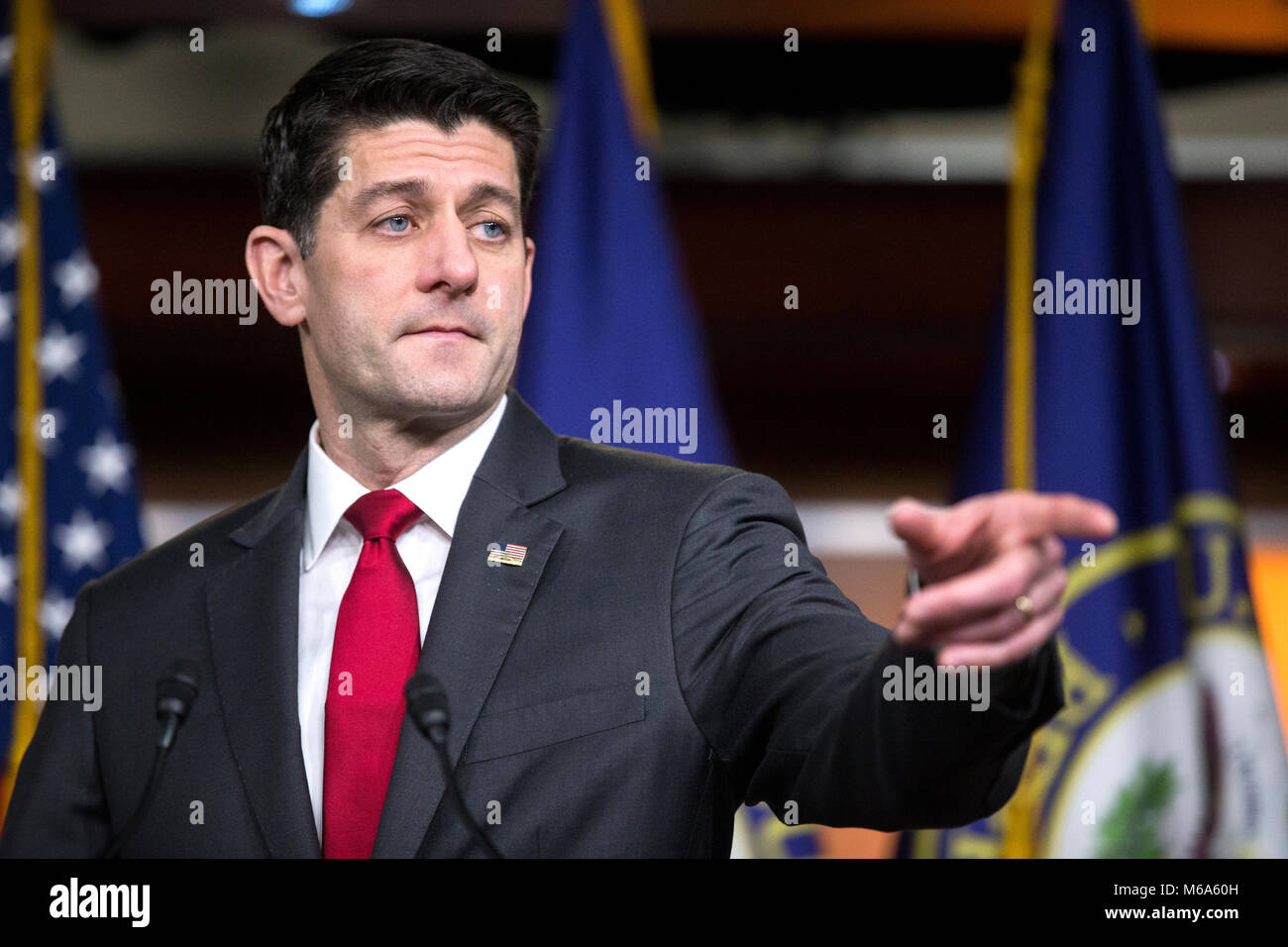 Washington, DC, USA. 08th Feb, 2018. Speaker of the House Paul Ryan responds to a question from the news media during a press conference on military readiness and spending in the US Capitol in Washington, DC, USA, 08 February 2018. The Senate will vote today on a two year budget deal, that will then go to the House for their up or down vote with a government shutdown in the balance. Credit: Shawn Thew/Pool via CNP · NO WIRE SERVICE · Credit: Shawn Thew/Consolidated News Photos/Shawn Thew - Pool via CNP/dpa/Alamy Live News Stock Photo