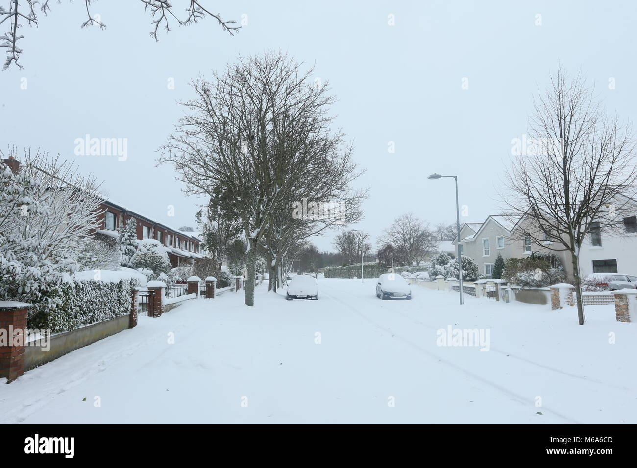 Dublin, Ireland. 2nd Mar, 2018. A snow covered street in Dublin. Image from Ballinteer in  Dublin, Ireland amid status red bad weather conditions during Storm Emma. Ireland goes into lock down as Storm Emma batters the country with heavy snowfall and blizzards. Credit: Brendan Donnelly/Alamy Live News Stock Photo