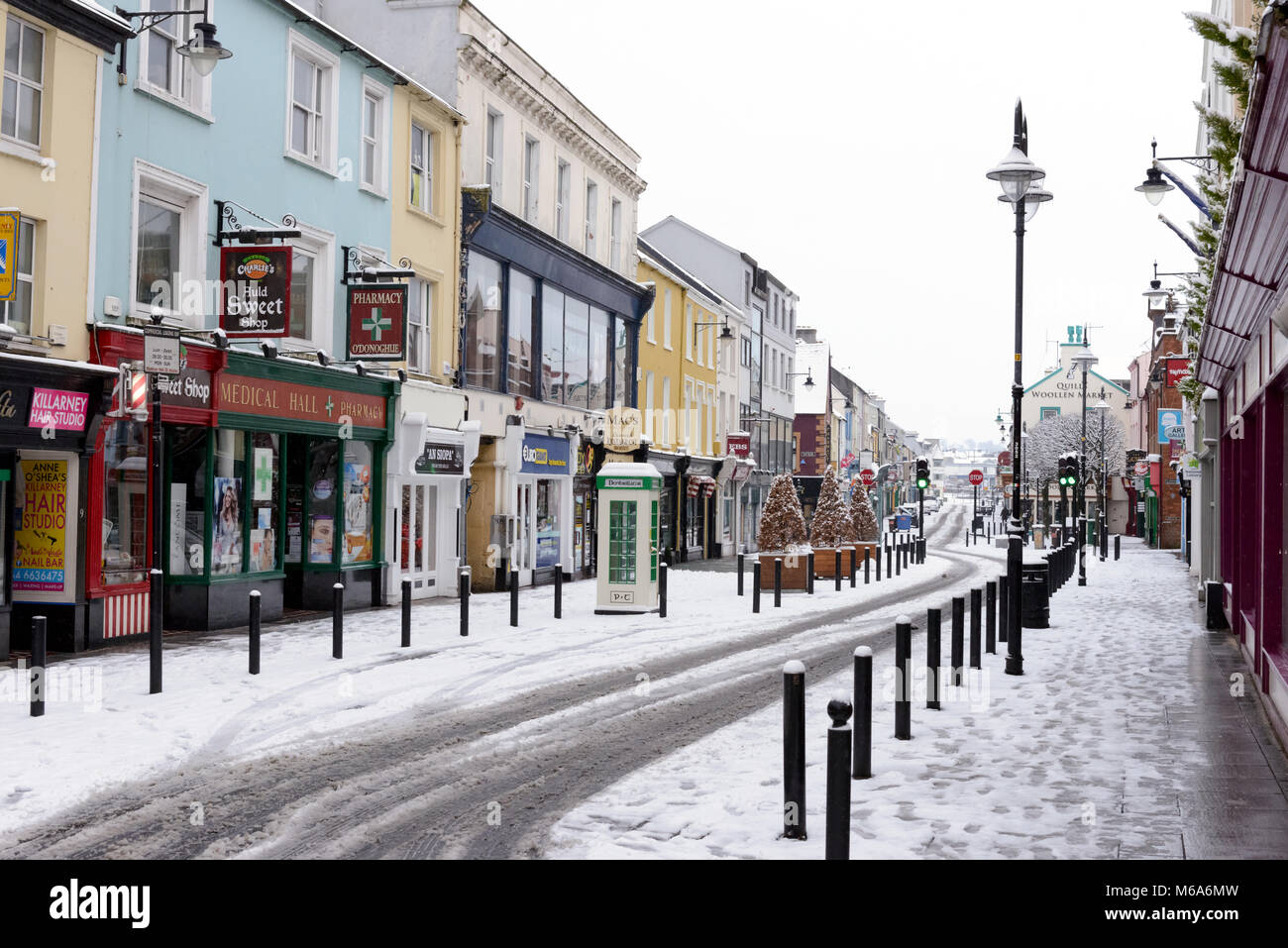 Killarney High Street in snow, Killarney, County Kerry, Ireland Stock