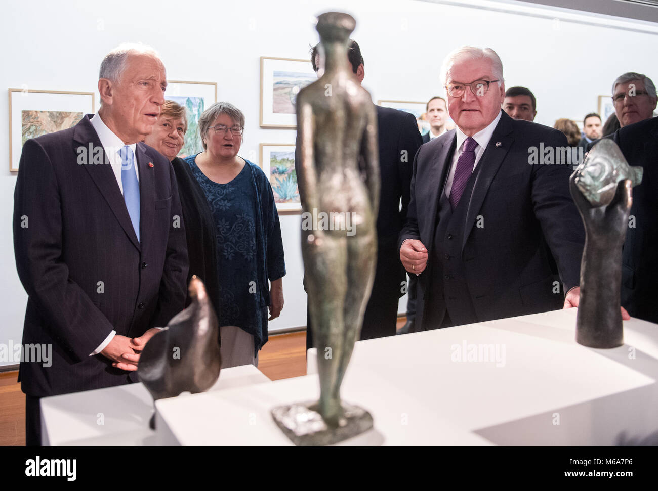 02 March 2018, Portugal, Porto: German President Frank-Walter Steinmeier (R) and President of Portugal, Marcelo Rebelo de Sousa, visit the Guenter Grass exhibition 'Begegnungen' (lit. encounters) at the Museum Casa Museu Guerra Junqueiro. German President Steinmeier is in Portugal for a two-day visit. Photo: Bernd von Jutrczenka/dpa Stock Photo