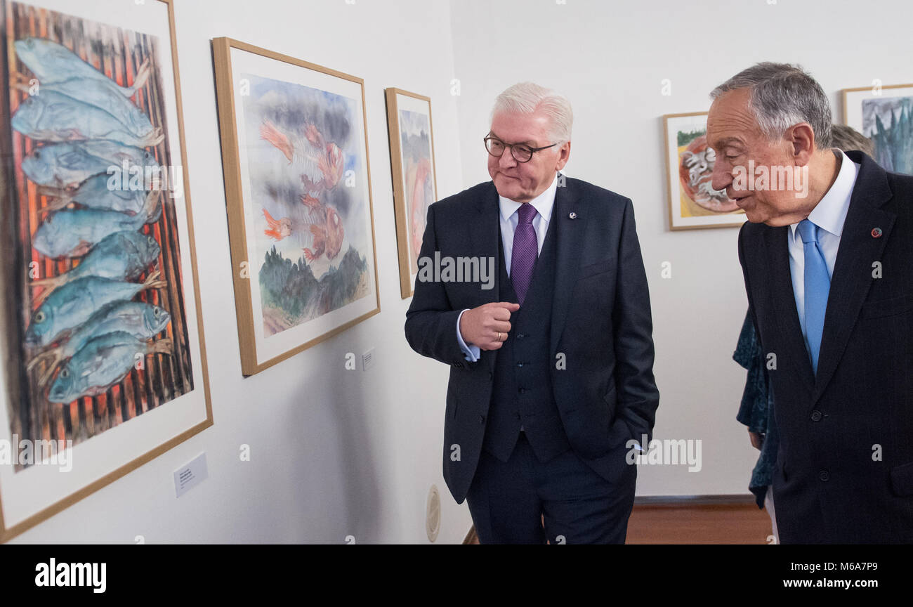 02 March 2018, Portugal, Porto: German President Frank-Walter Steinmeier (L) and President of Portugal, Marcelo Rebelo de Sousa, visit the Guenter Grass exhibition 'Begegnungen' (lit. encounters) at the Museum Casa Museu Guerra Junqueiro. German President Steinmeier is in Portugal for a two-day visit. Photo: Bernd von Jutrczenka/dpa Stock Photo