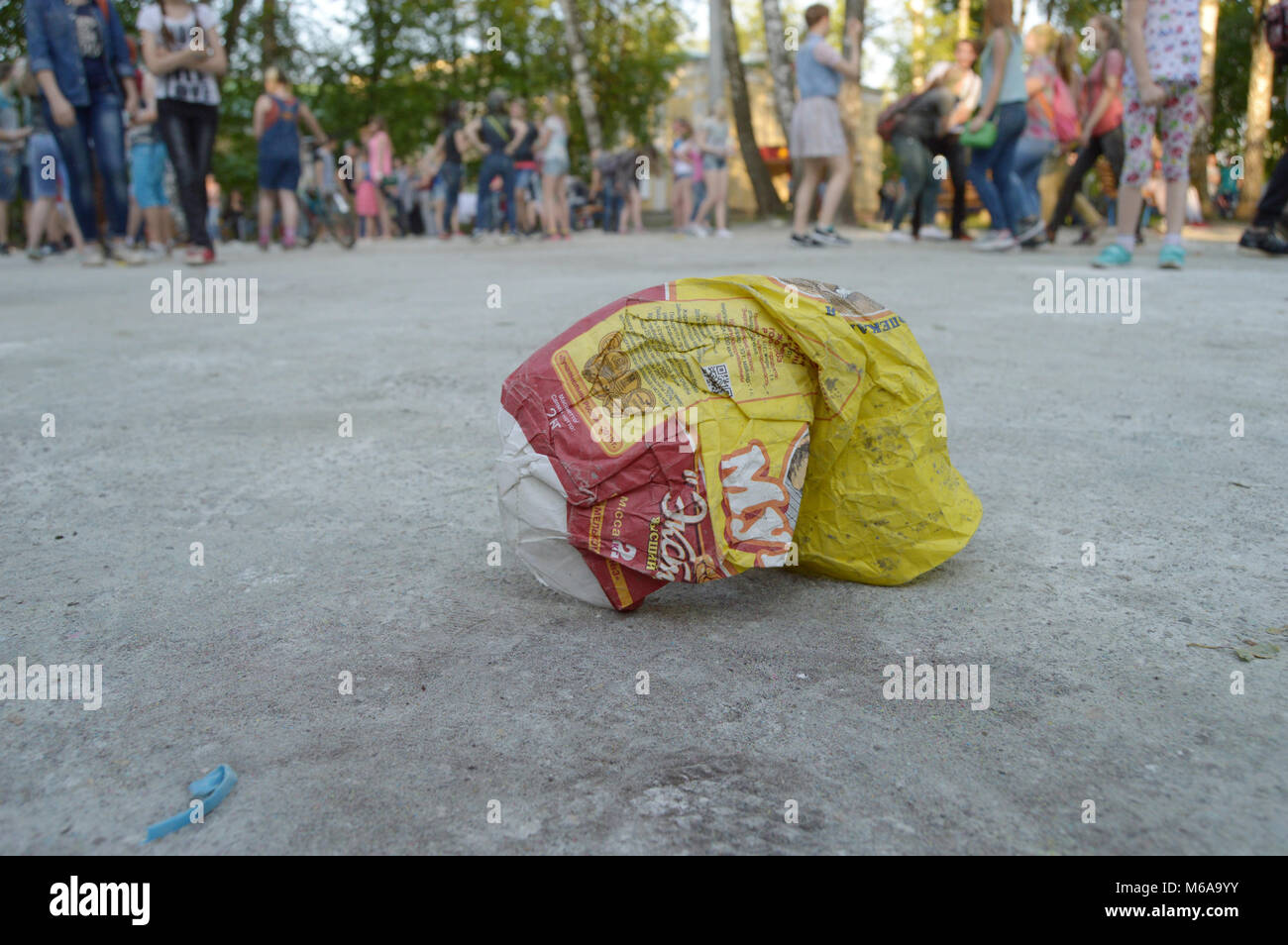 Kovrov, Russia. 28 May, 2016. Holi colors festival in park named Degtyarev. Empty pack flour Stock Photo
