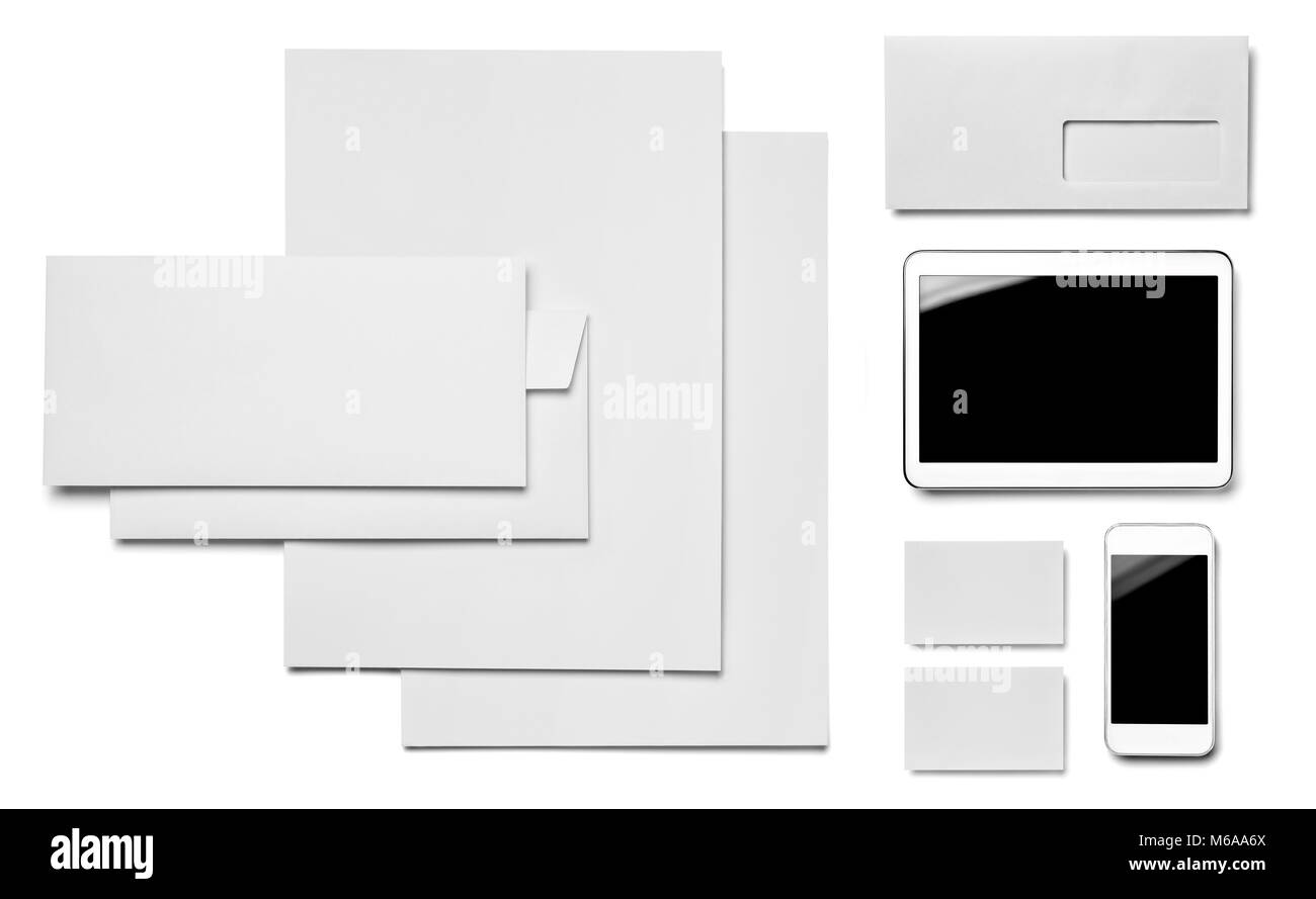 collection of  various white business print, pen, pencil  and phone and tablet templates on white background. each one is shot separately Stock Photo