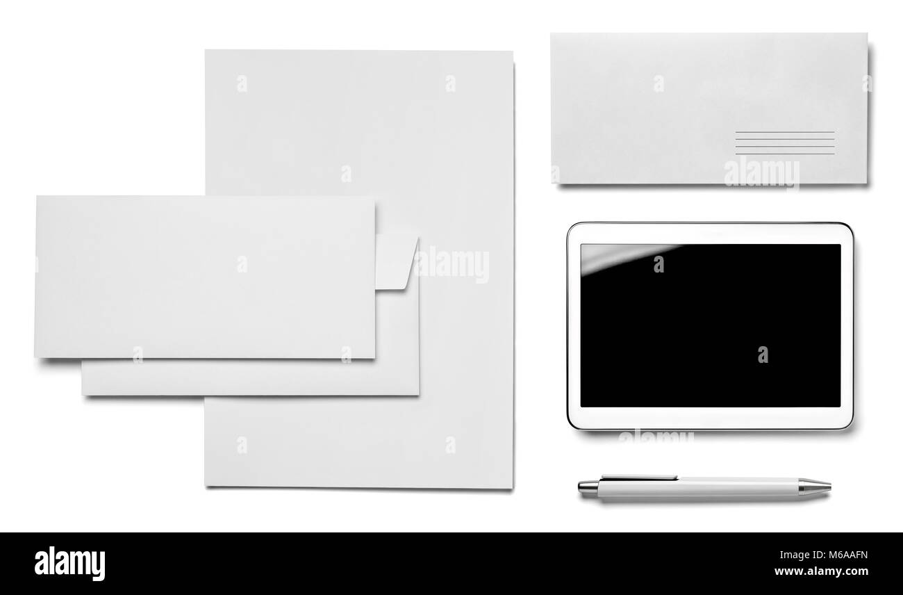 collection of  various white business print, pen, pencil  and phone and tablet templates on white background. each one is shot separately Stock Photo