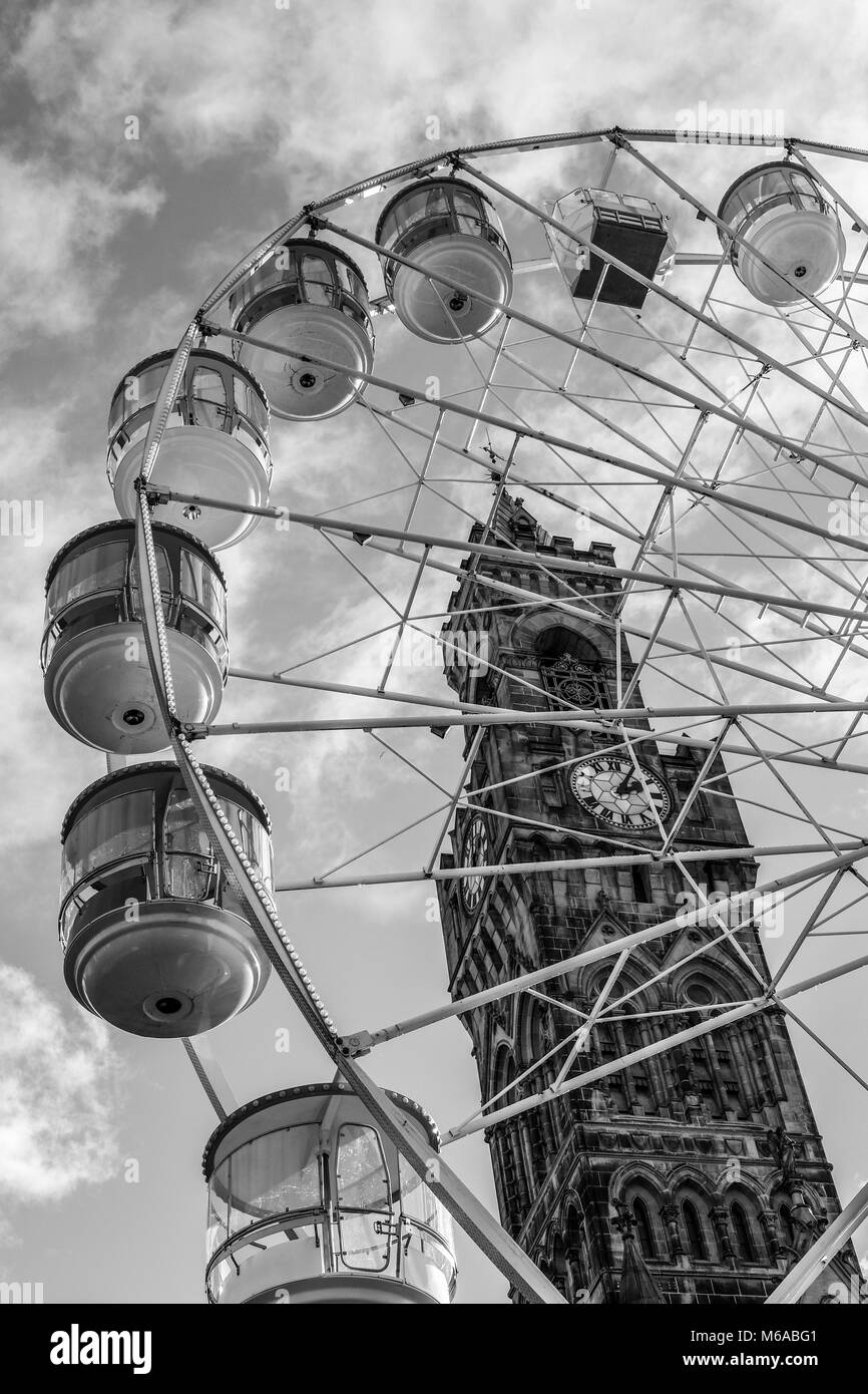 Bradford City Hall, with a big wheel set up outside in Centenary Square
