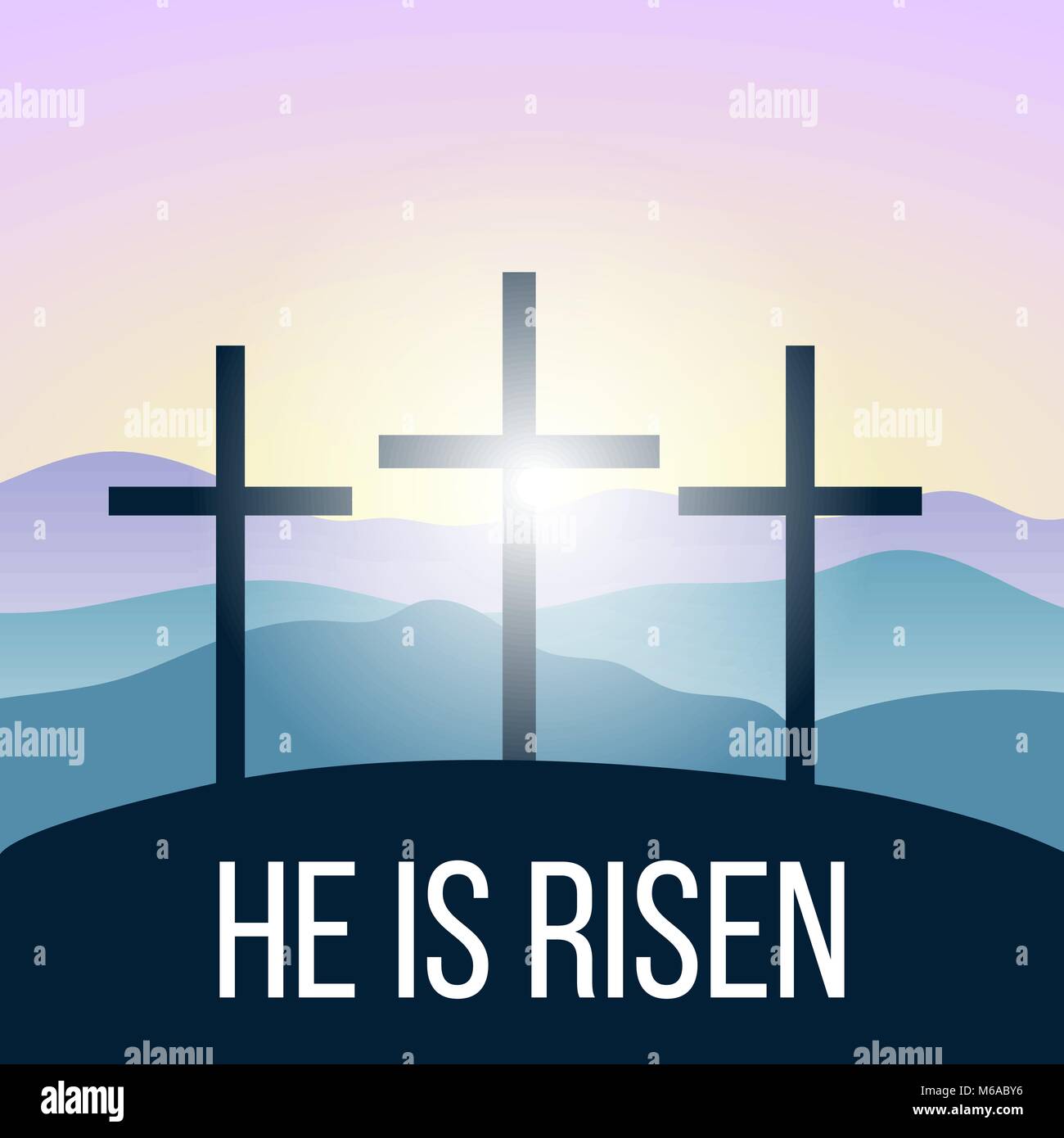 He is risen. Bible quote, Holy Cross, Silhouettes of mountains, forest at sunrise. Stock Vector