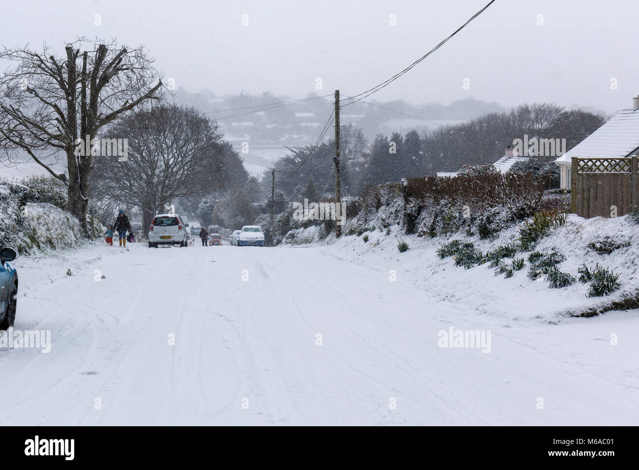 Snow in Cornwall is unuasual, and when it does fall, it only lasts a few hours.  The last time there was a heavy fall of snow in Cornwall in the early' Stock Photo