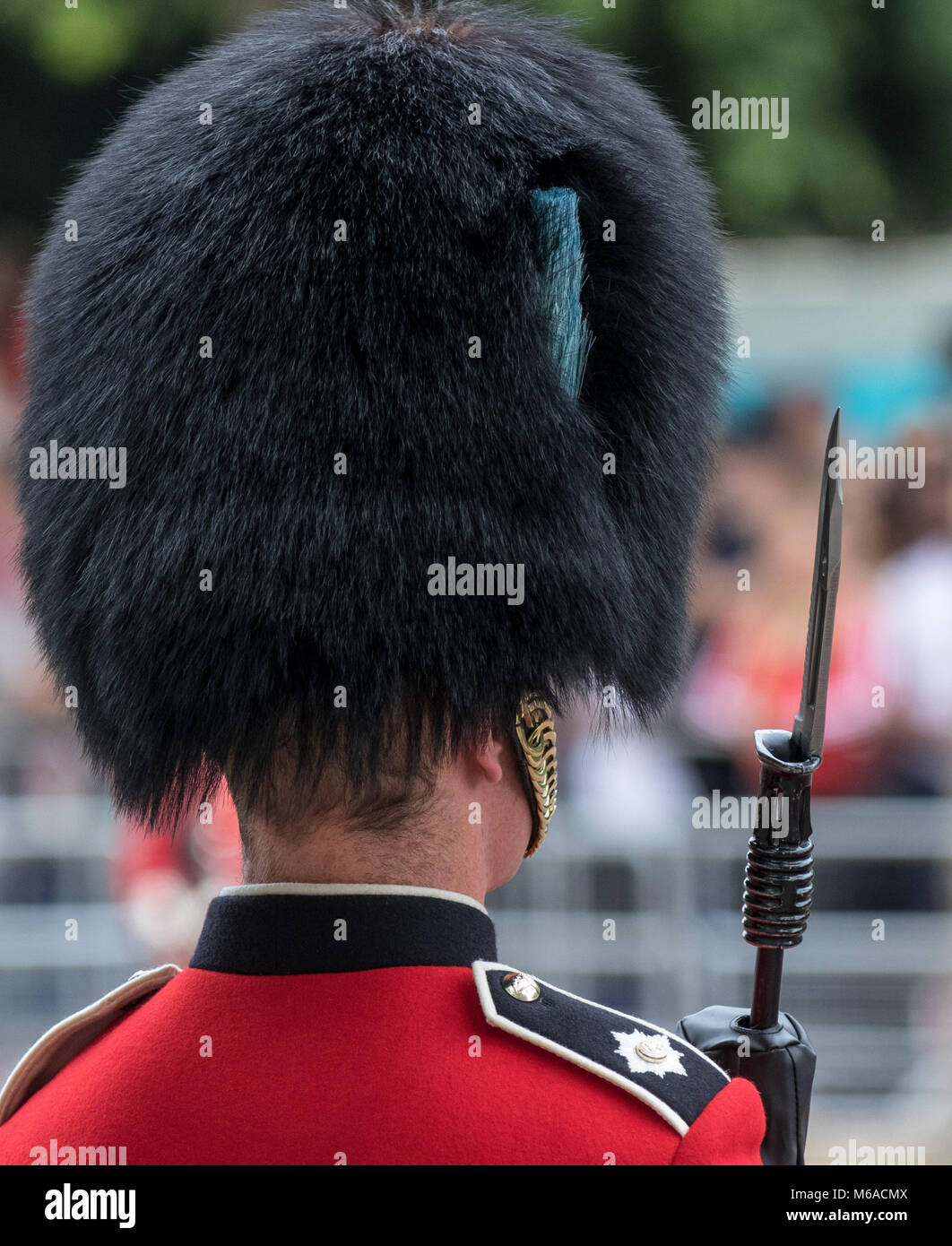 Queens Guard Bearskin Hat & Bayonet during Trooping the Colour - HRH the Queen's 90th Birthday Parade at The Mall, Buckingham Palace, London, England  Stock Photo