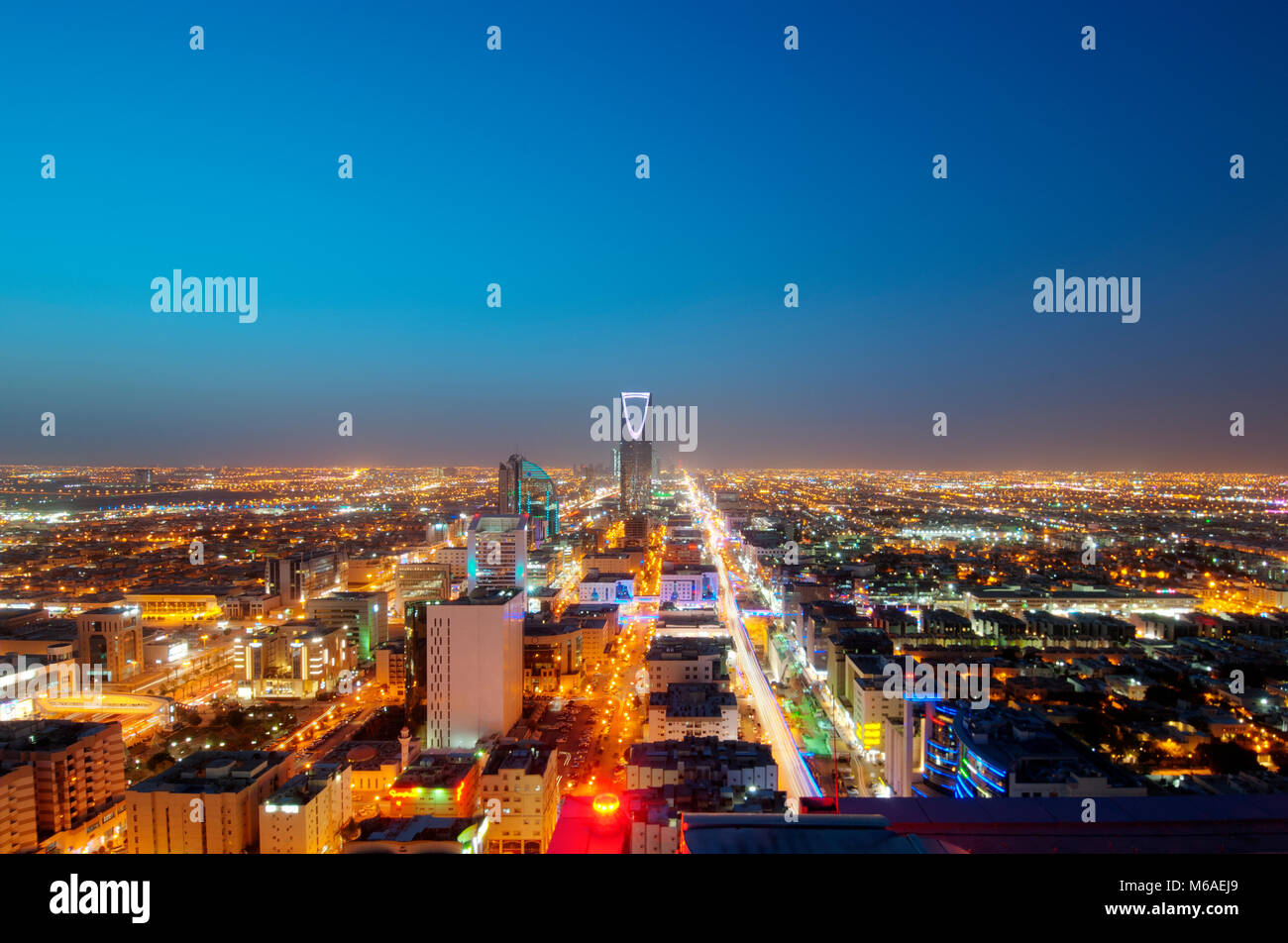 Riyadh skyline at night #9, Capital of Saudi Arabia, Showing Mamlaka Tower, and Olaya Street Stock Photo