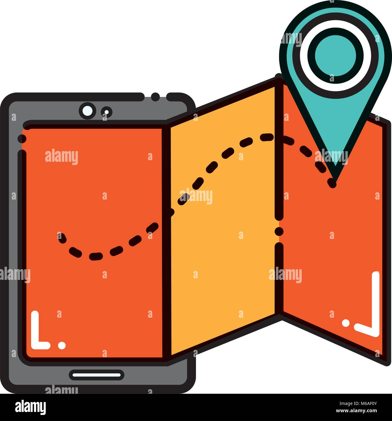 dashed line smartphone technology with geographyc map and location ...