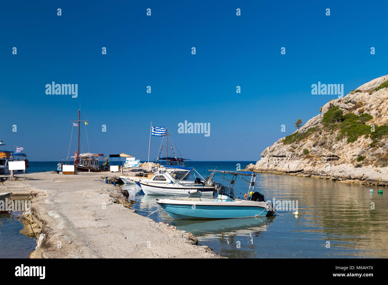 Small harbor in the bay of Kolymbia, Rhodes Stock Photo