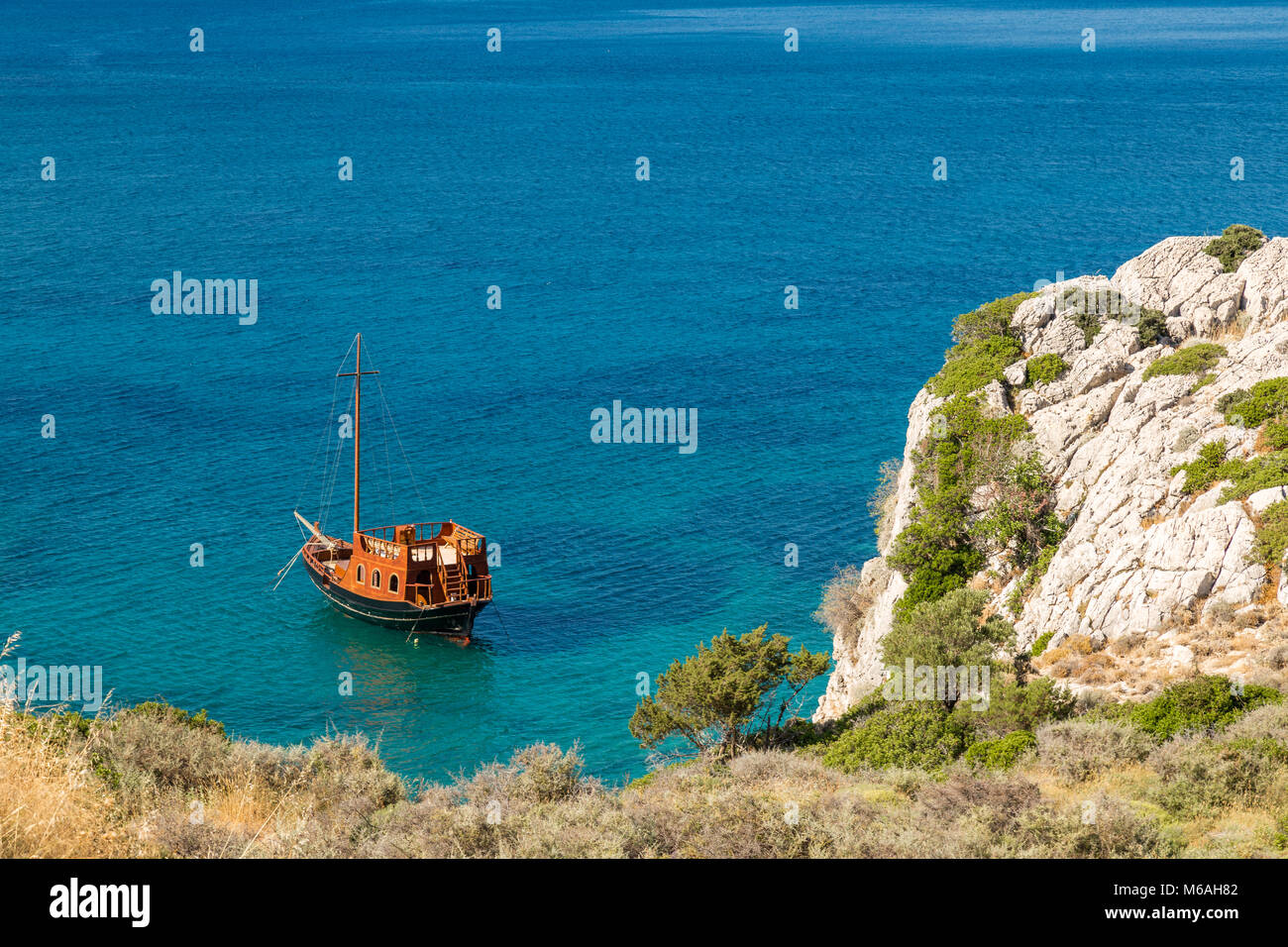 Abandoned ship in the bay of Kolymbia, Rhodes Stock Photo