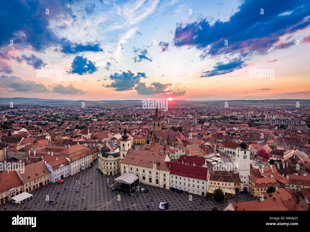 Panoramic view of Sibiu central square in Transylvania, Romania