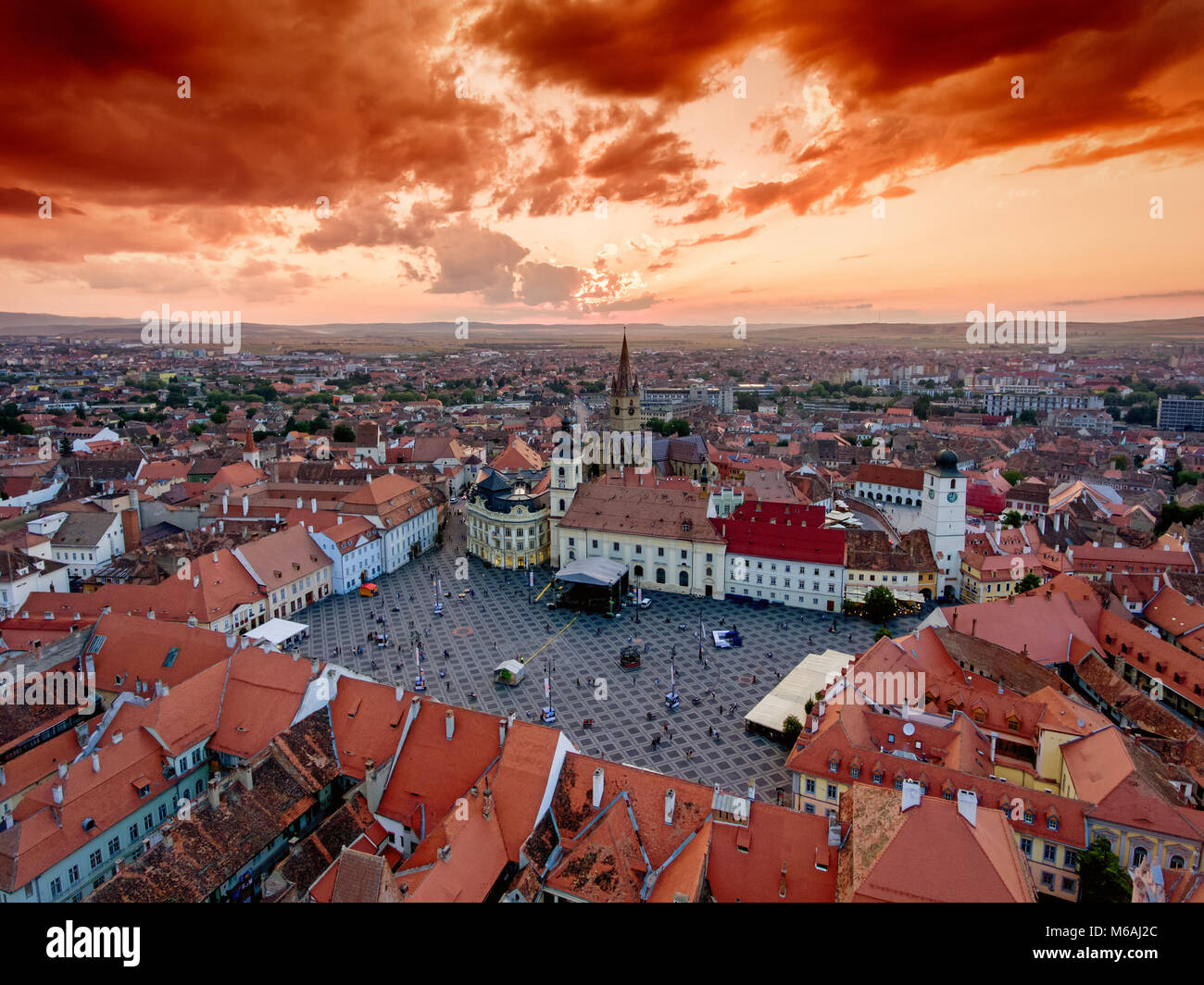 Sibiu Romania aerial view at sunset Stock Photo