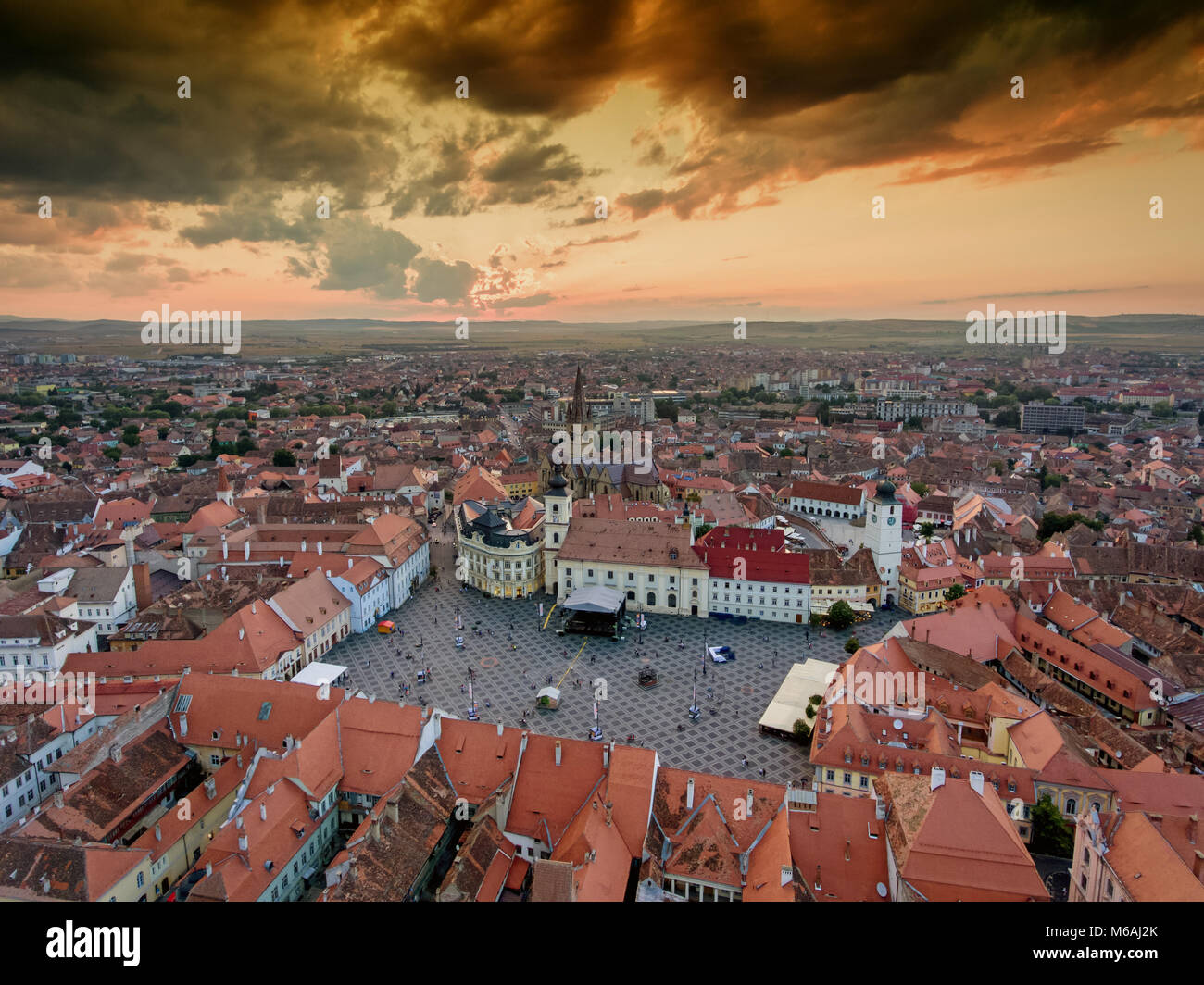 Sibiu Romania aerial view at sunset Stock Photo