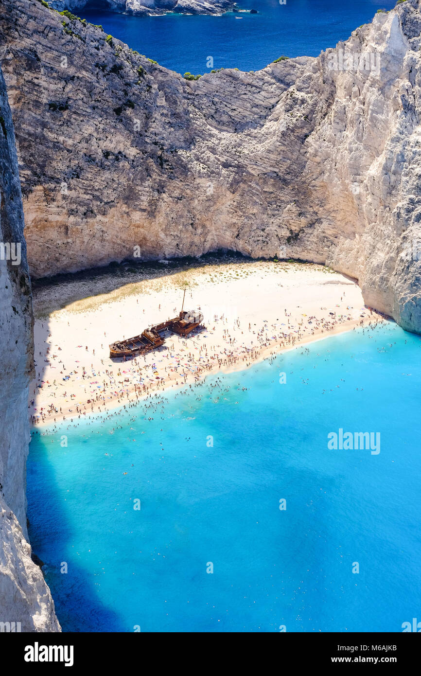 Zakynthos shipwreck beach. Navagio Bay seen from above. Important tourist attraction. Stock Photo