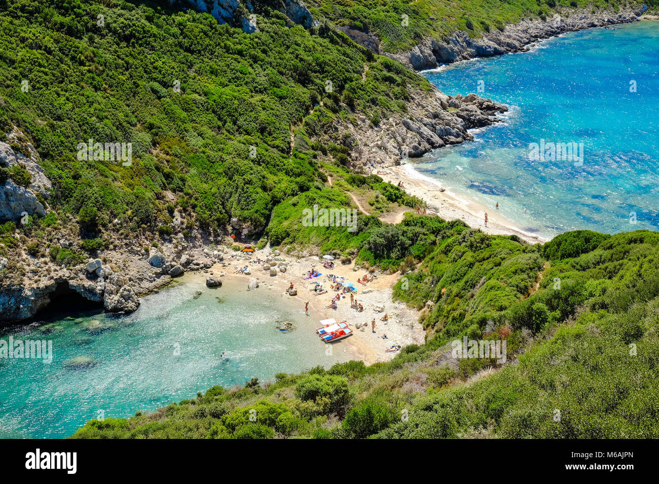 Porto-Timoni, the most famous and beautifull beach in Corfu island, Greece. Important tourist attraction. Stock Photo